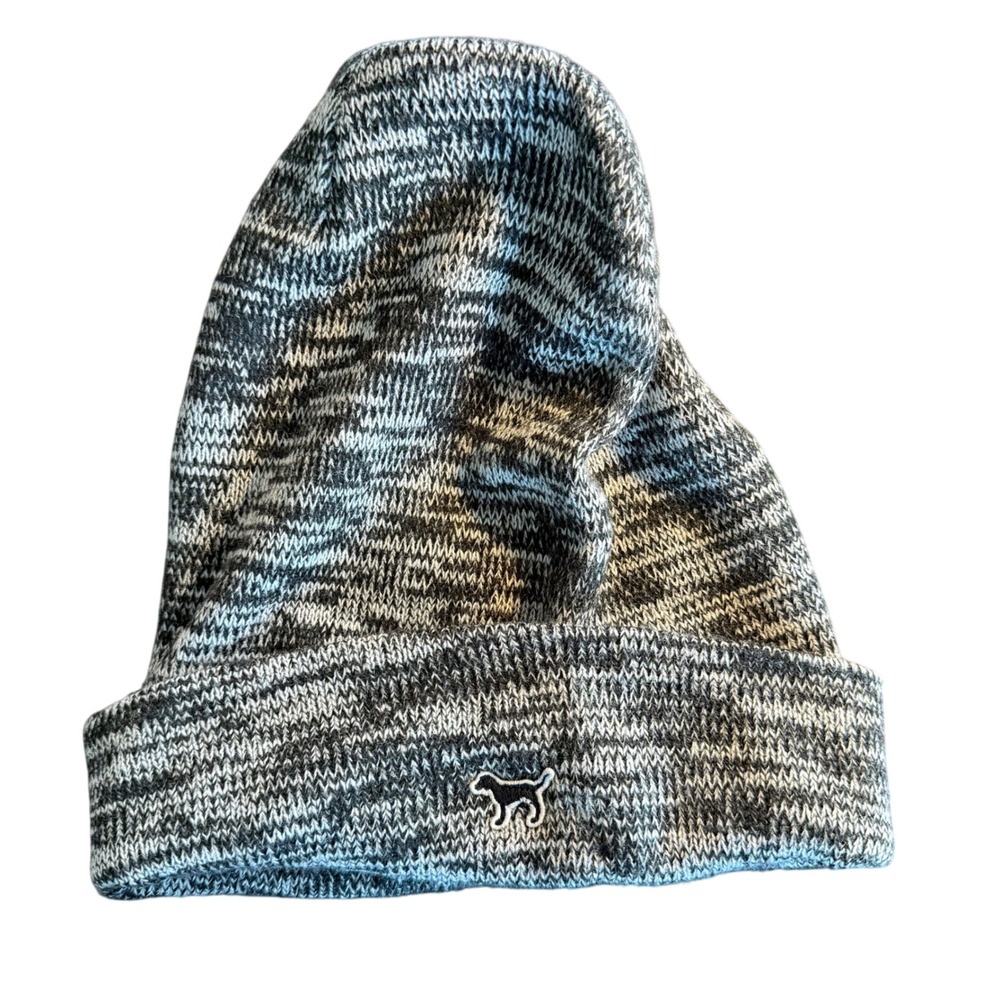 PINK Victoria's Secret Marled Black White Knit Cuffed Beanie Slouchy Hat